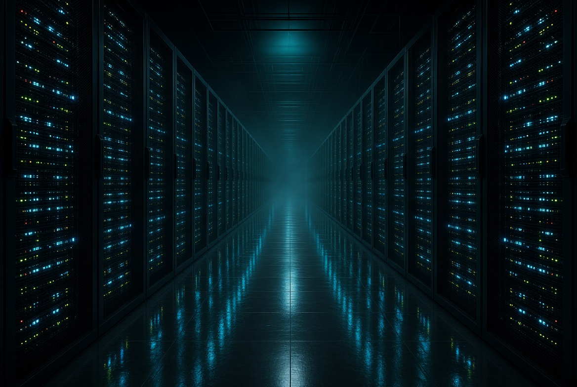 A dark data hall aisle lined with server racks