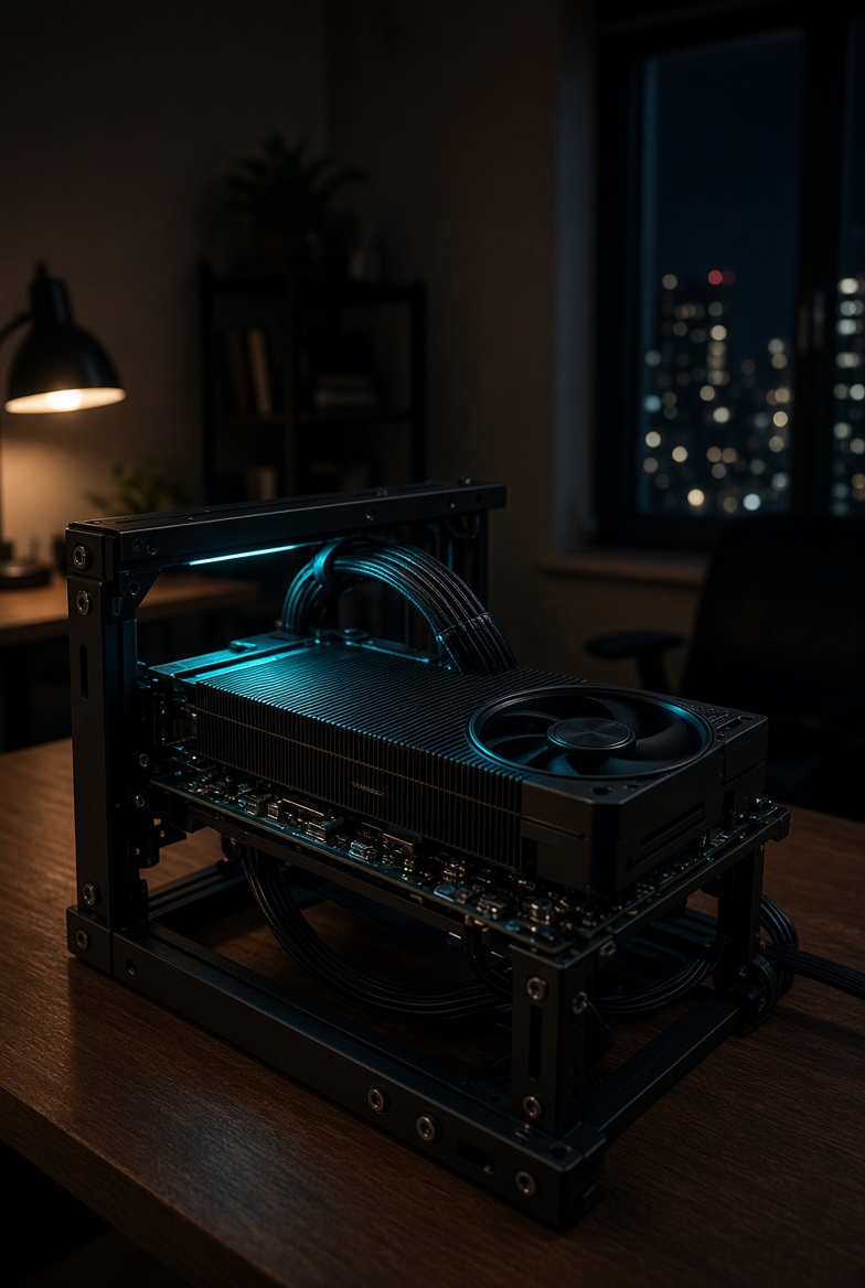 A single graphics card on an open test bench in a dark home office
