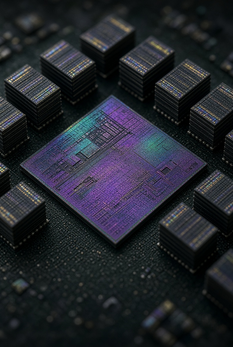 Macro photograph of a GPU die and its memory stacks